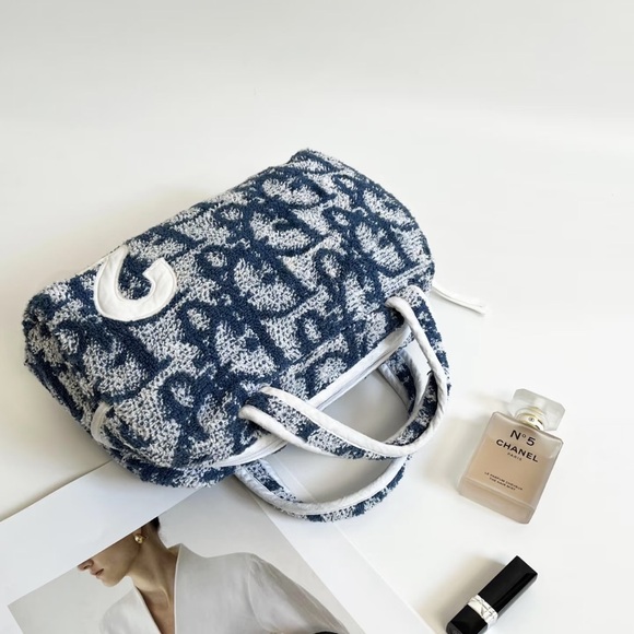 Auth💙 DIOR BLUE LOGO TERRY CLOTH BAG - Picture 12 of 13